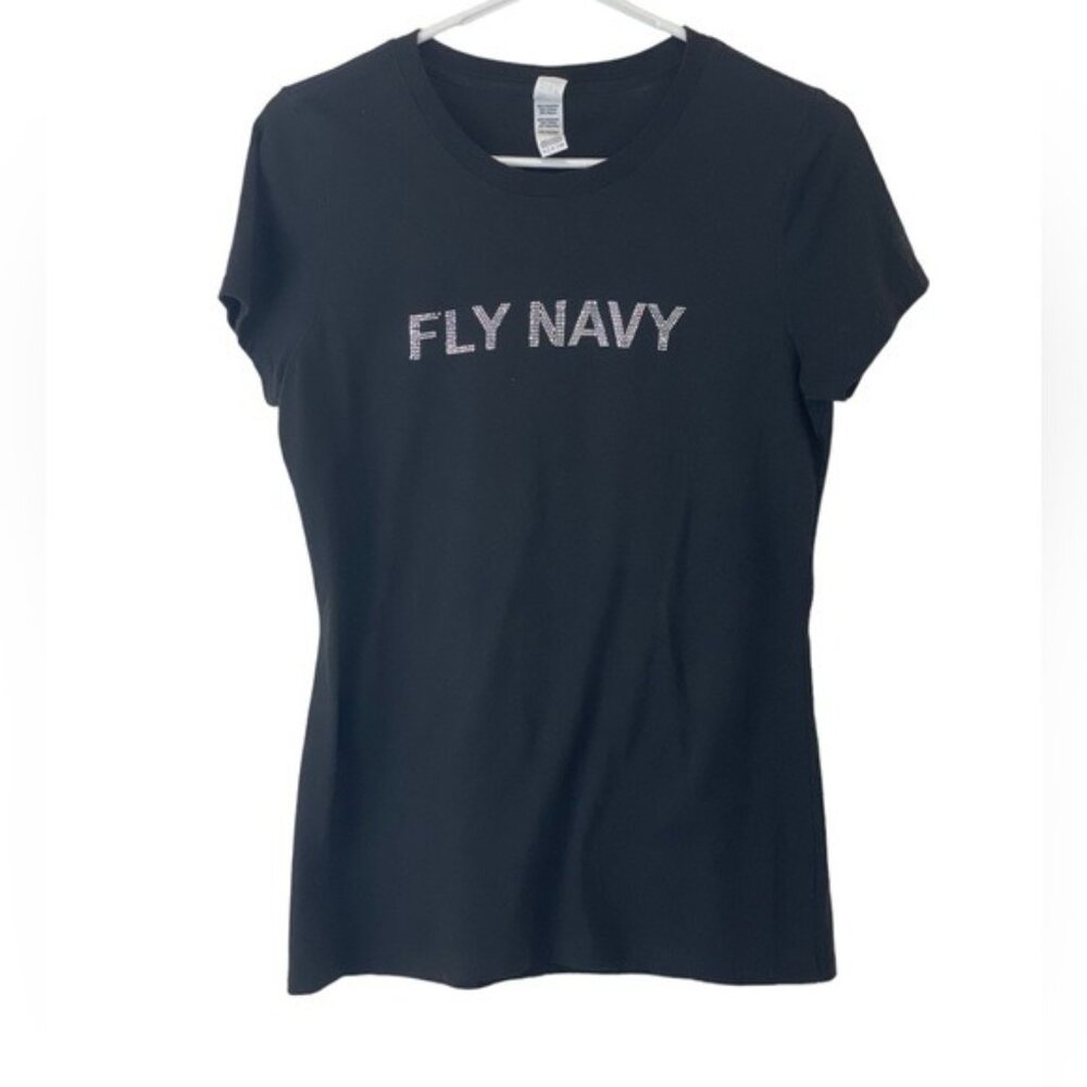 Fly Navy Rhinestone Graphic Tee Women’s Small Black Y2K T-Shirt